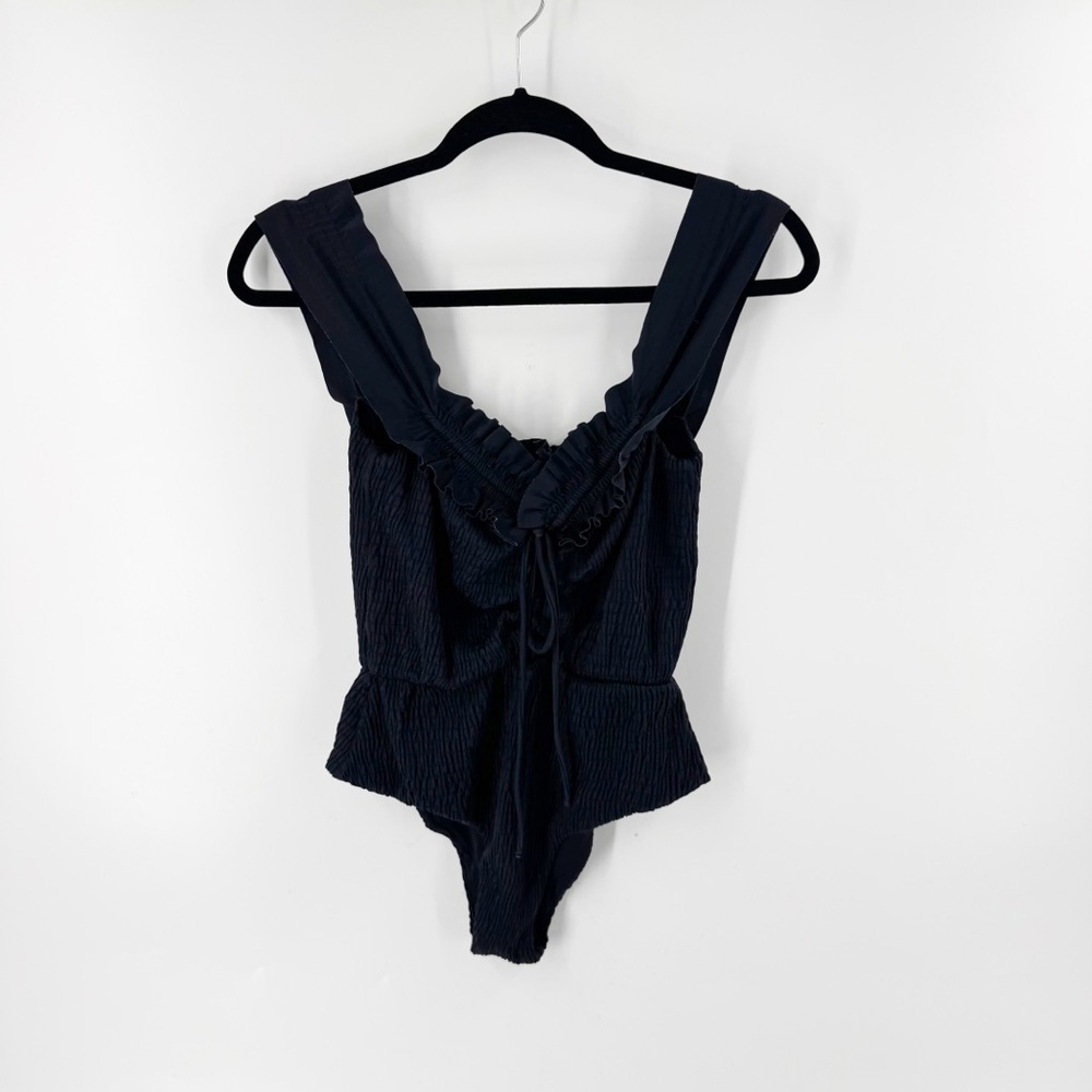 ✅ DEVON WINSOR BLACK SMOCKED One Piece Swimsuit SIZE SMALL DRAWSTRING WAIST